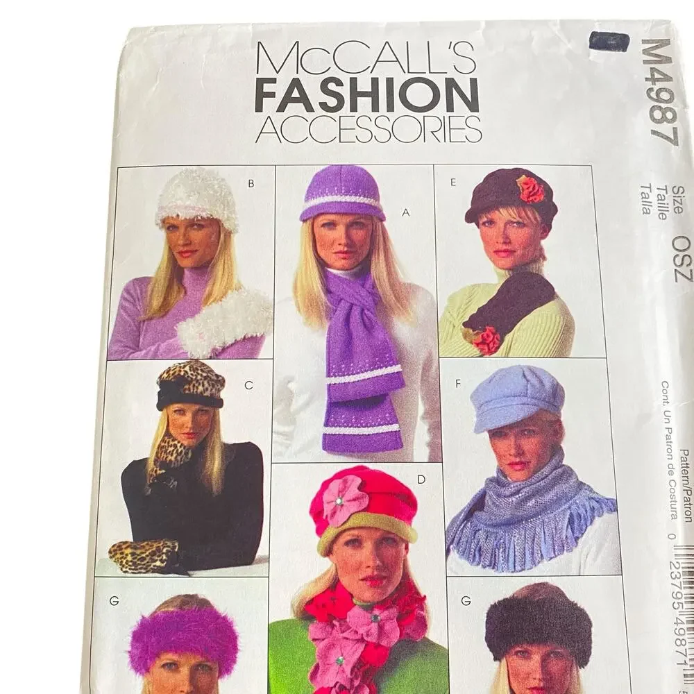 Vtg McCall’s M4987 Sewing Pattern Winter Hats Scarves Mittens UNCUT OS Y2K Boho